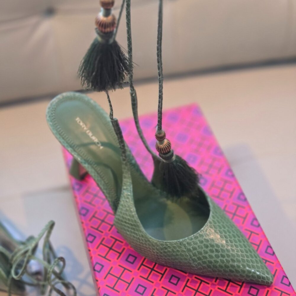 TORI BURCH OLIVE GREEN LEATHER SNAKE SLINGBACK WITH LEATHER TIE STRAP W/ TASSEL
